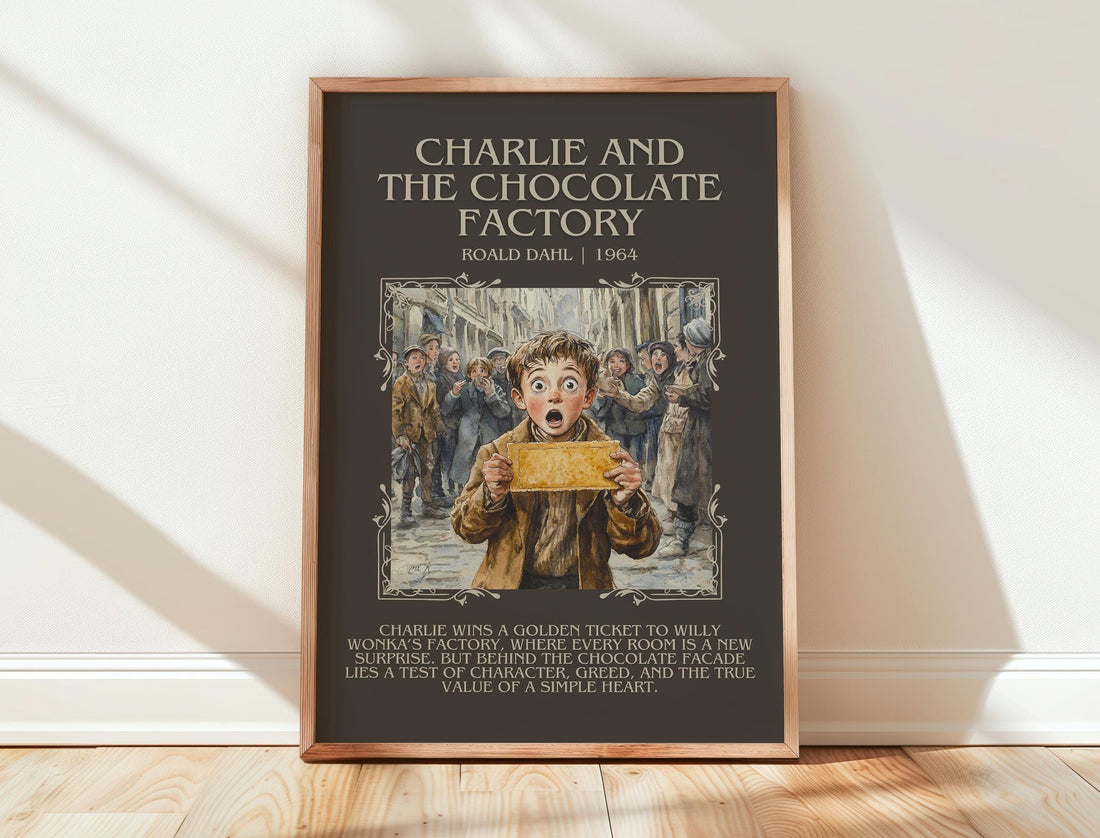 Charlie and the Chocolate Factory minimalist print in frame leaning in hallway – childrens wall art (mockup)