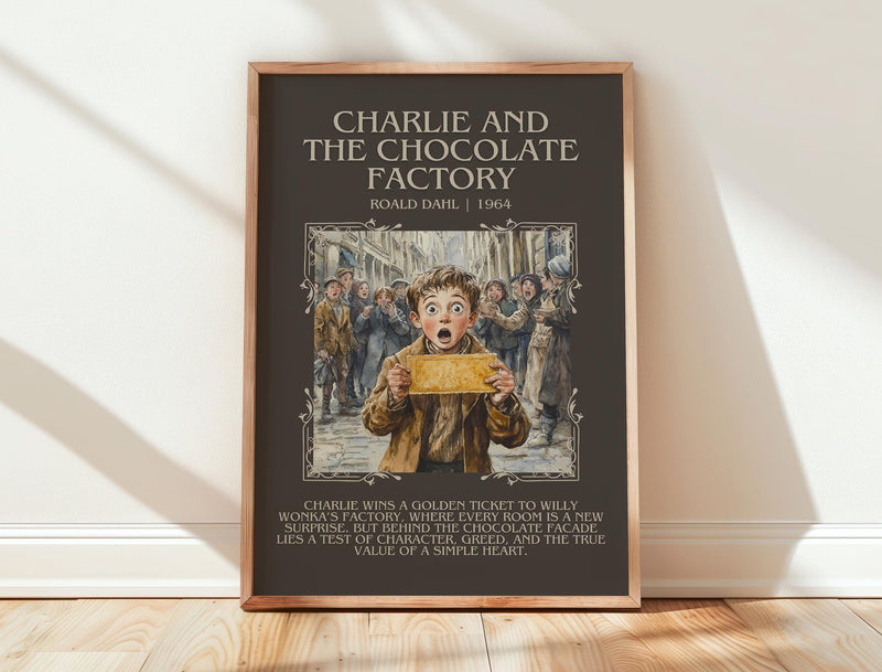 Charlie and the Chocolate Factory minimalist print in frame leaning in hallway – childrens wall art