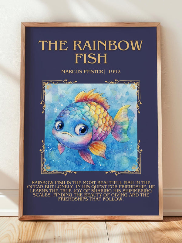 The Rainbow Fish minimalist print in frame leaning in hallway – childrens wall art
