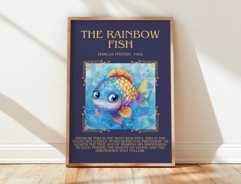 The Rainbow Fish minimalist print in frame leaning in hallway – childrens wall art