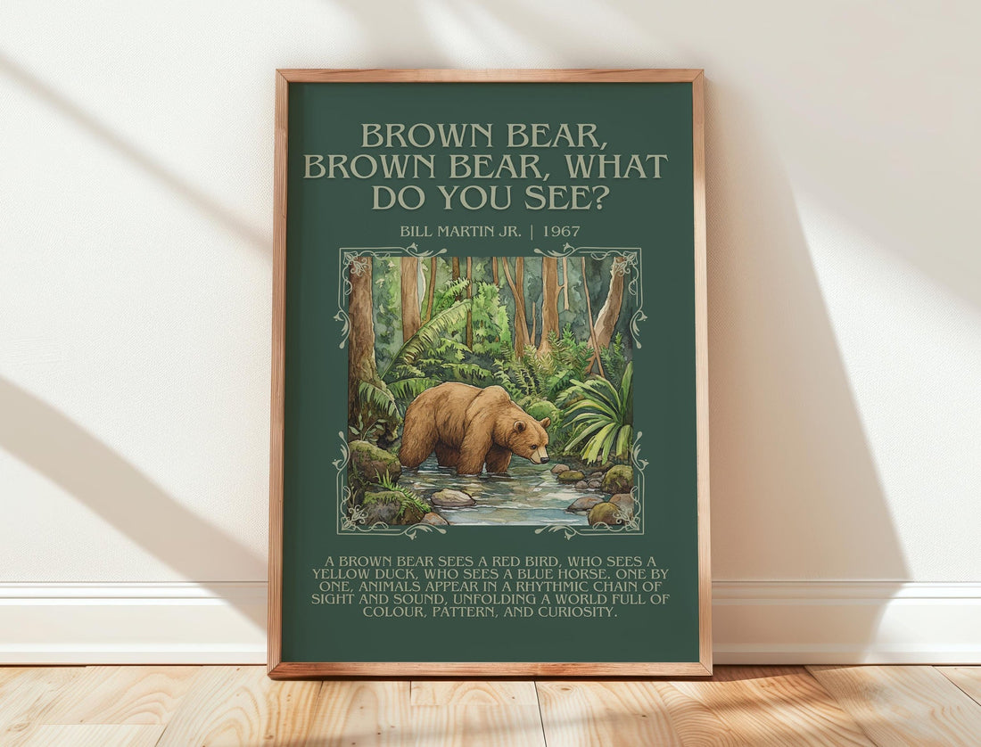 Brown Bear, Brown Bear, What Do You See? minimalist print in frame leaning in hallway – childrens wall art (mockup)