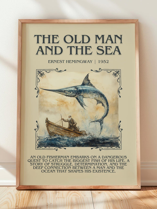The Old Man and the Sea minimalist print in frame leaning in hallway – classic literature wall art