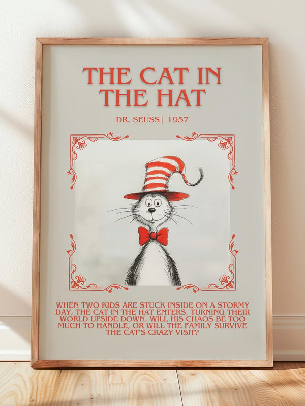 The Cat in the Hat minimalist print in frame leaning in hallway – childrens wall art