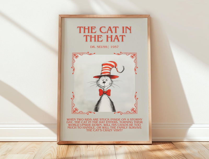 The Cat in the Hat minimalist print in frame leaning in hallway – childrens wall art