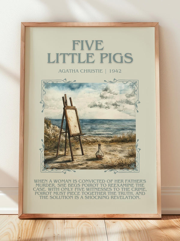 Five Little Pigs minimalist print in frame leaning in hallway – mystery wall art