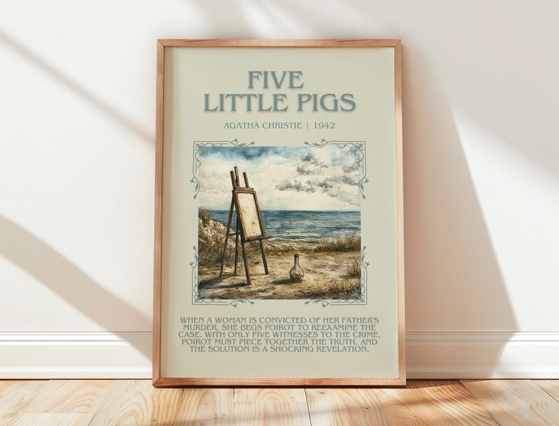 Five Little Pigs minimalist print in frame leaning in hallway – mystery wall art