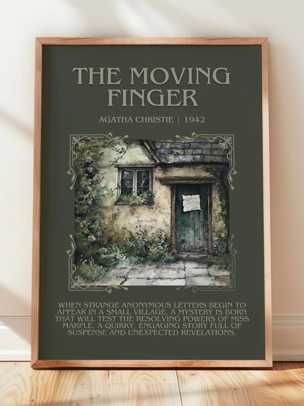 The Moving Finger minimalist print in frame leaning in hallway – mystery wall art