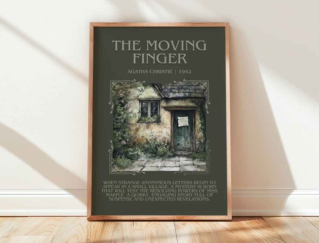 The Moving Finger minimalist print in frame leaning in hallway – mystery wall art (mockup)