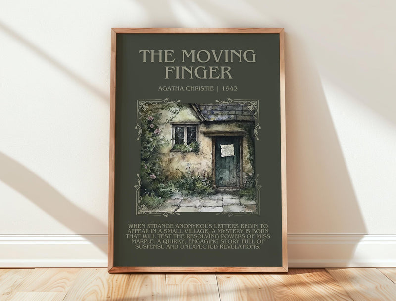 The Moving Finger minimalist print in frame leaning in hallway – mystery wall art