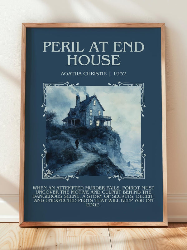Peril at End House minimalist print in frame leaning in hallway – mystery wall art