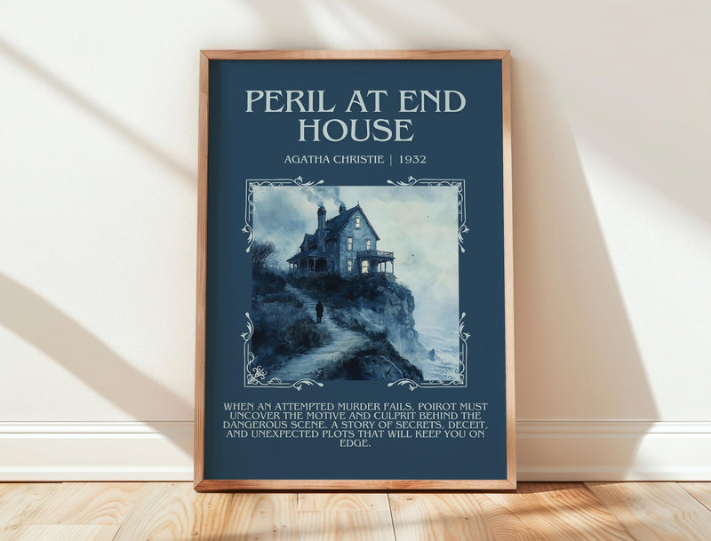 Peril at End House minimalist print in frame leaning in hallway – mystery wall art