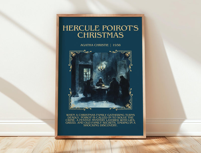 Hercule Poirot's Christmas minimalist print in frame leaning in hallway – mystery wall art