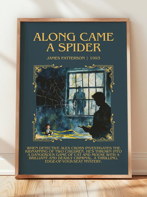 Along Came a Spider minimalist print in frame leaning in hallway – crime wall art