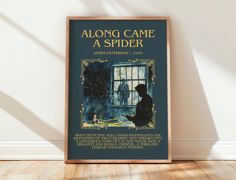 Along Came a Spider minimalist print in frame leaning in hallway – crime wall art