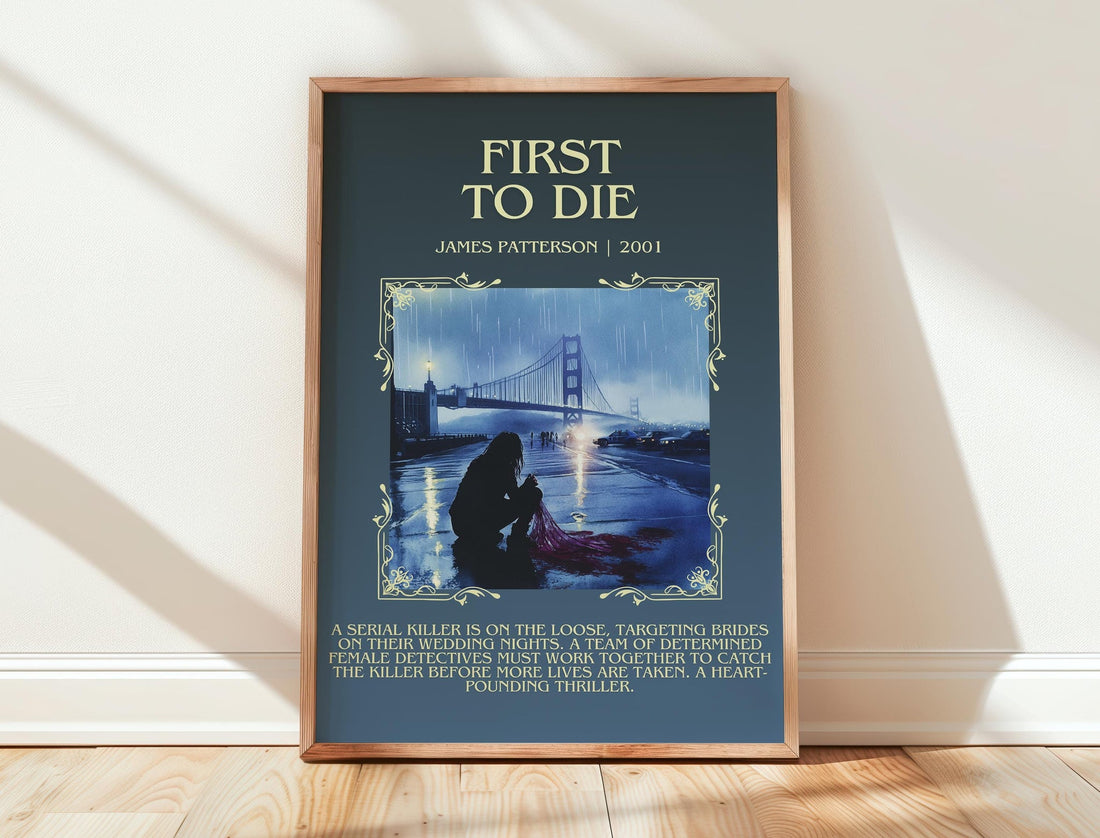 First To Die minimalist print in frame leaning in hallway – thriller wall art (mockup)