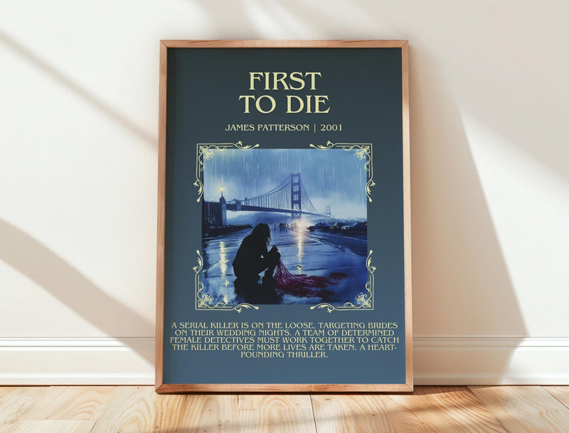 First To Die minimalist print in frame leaning in hallway – thriller wall art