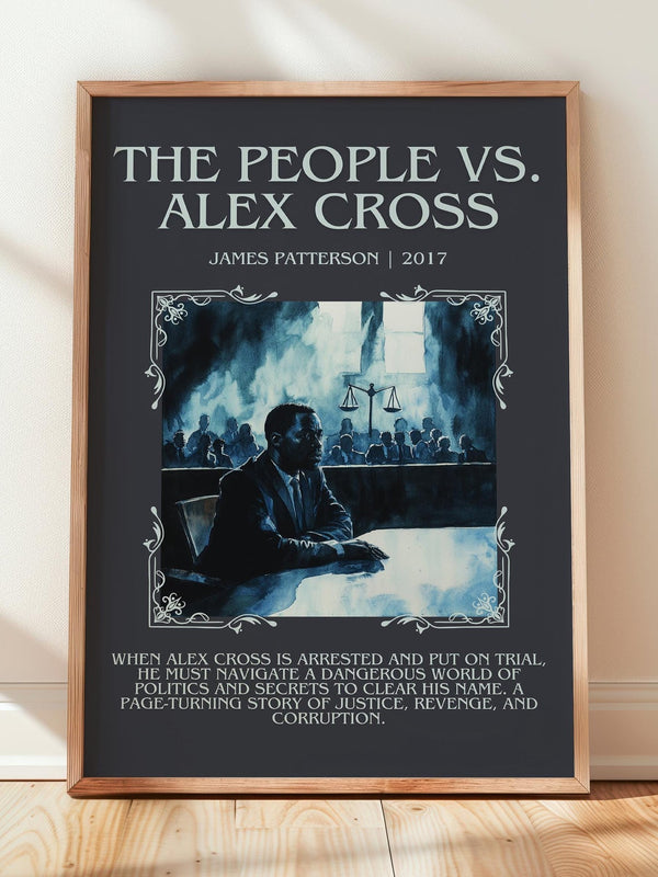 The People Vs. Alex Cross minimalist print in frame leaning in hallway – thriller wall art