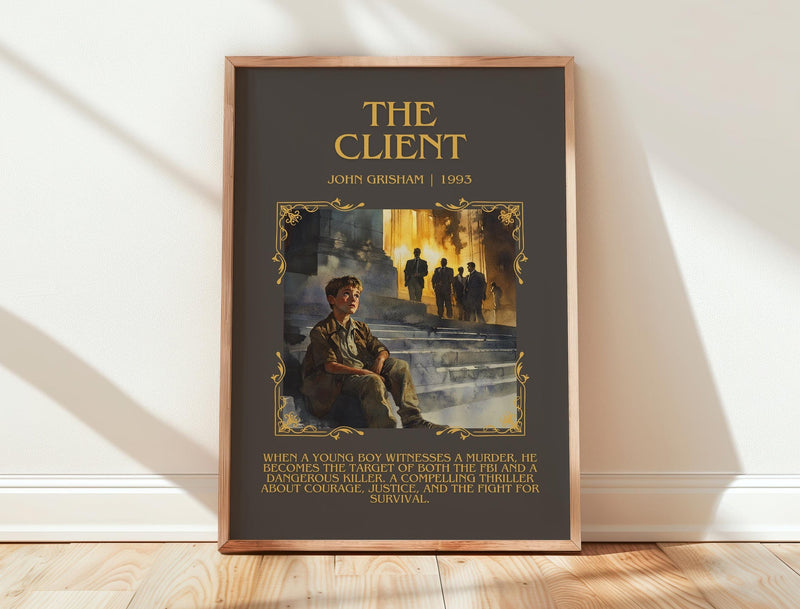 The Client minimalist print in frame leaning in hallway – thriller wall art