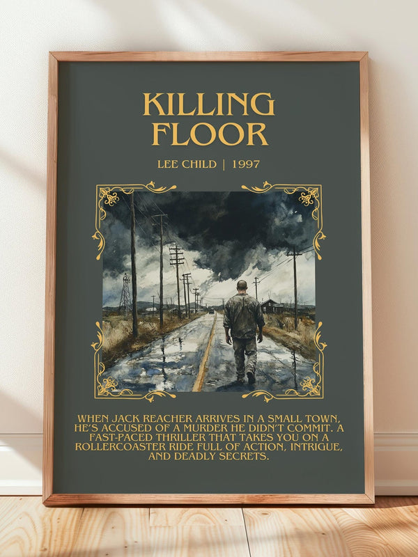 Killing Floor minimalist print in frame leaning in hallway – thriller wall art