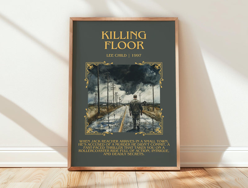Killing Floor minimalist print in frame leaning in hallway – thriller wall art