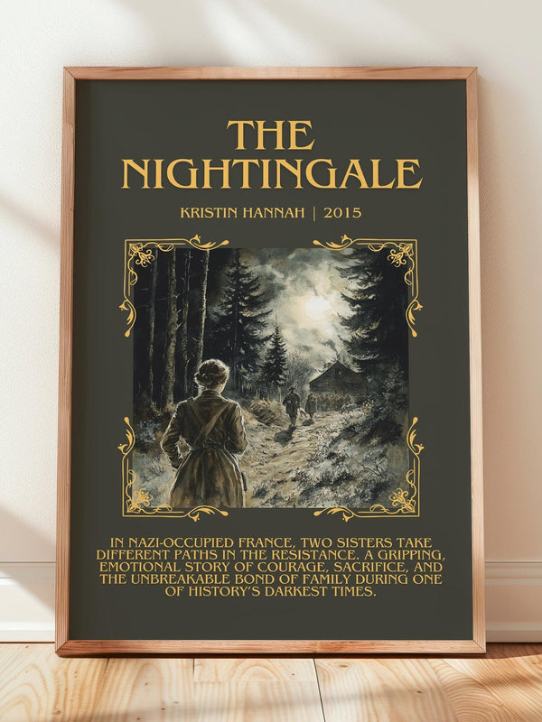 The Nightingale minimalist print in frame leaning in hallway – historical fiction wall art