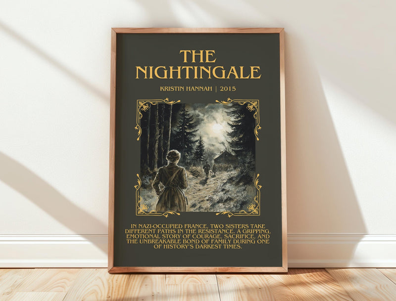 The Nightingale minimalist print in frame leaning in hallway – historical fiction wall art