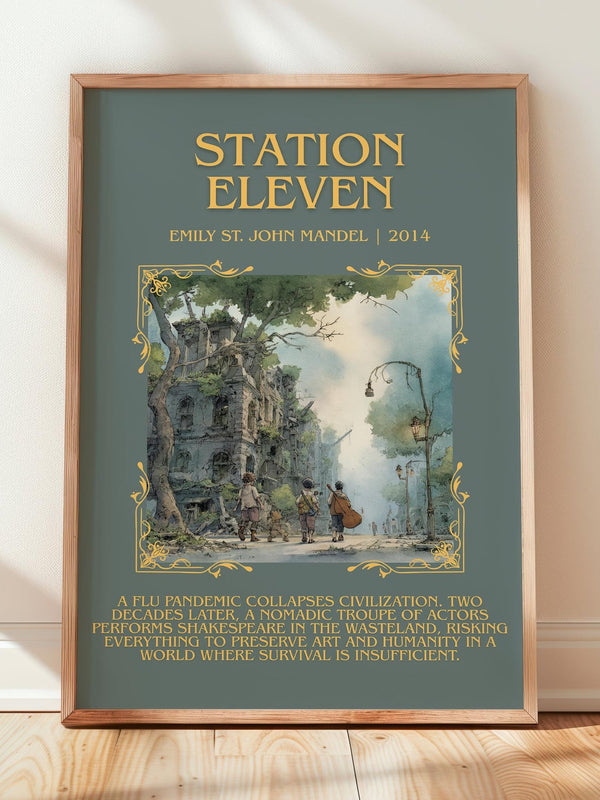 Station Eleven minimalist print in frame leaning in hallway – literary fiction wall art