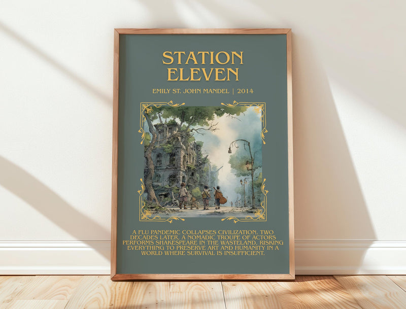 Station Eleven minimalist print in frame leaning in hallway – literary fiction wall art
