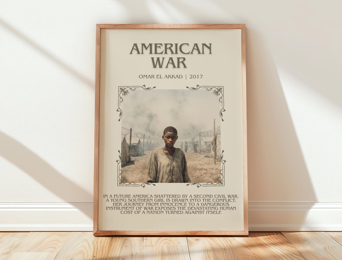American War minimalist print in frame leaning in hallway – historical fiction wall art (mockup)