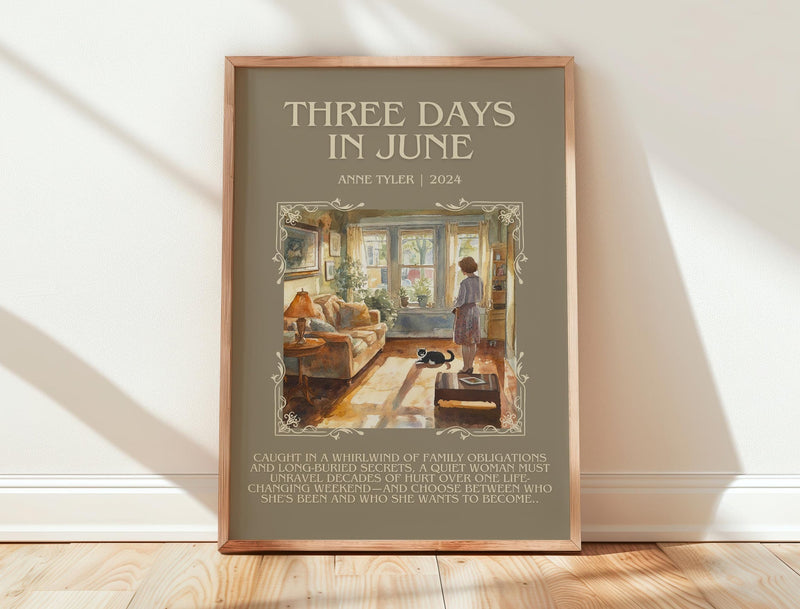 Three Days In June minimalist print in frame leaning in hallway – contemporary fiction wall art