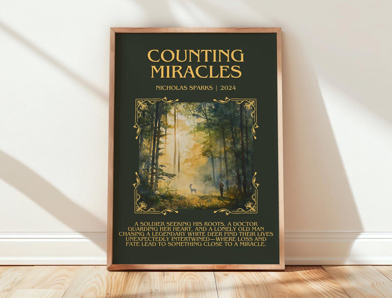 Counting Miracles minimalist print in frame leaning in hallway – romance wall art