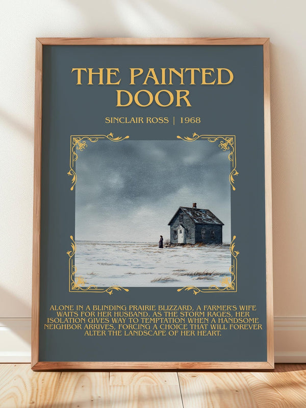 The Painted Door minimalist print in frame leaning in hallway – literary fiction wall art
