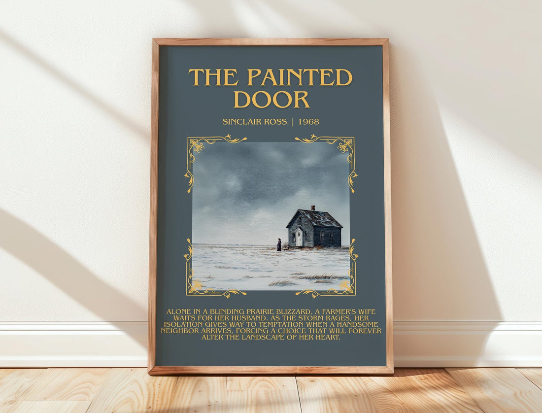 The Painted Door minimalist print in frame leaning in hallway – literary fiction wall art (mockup)