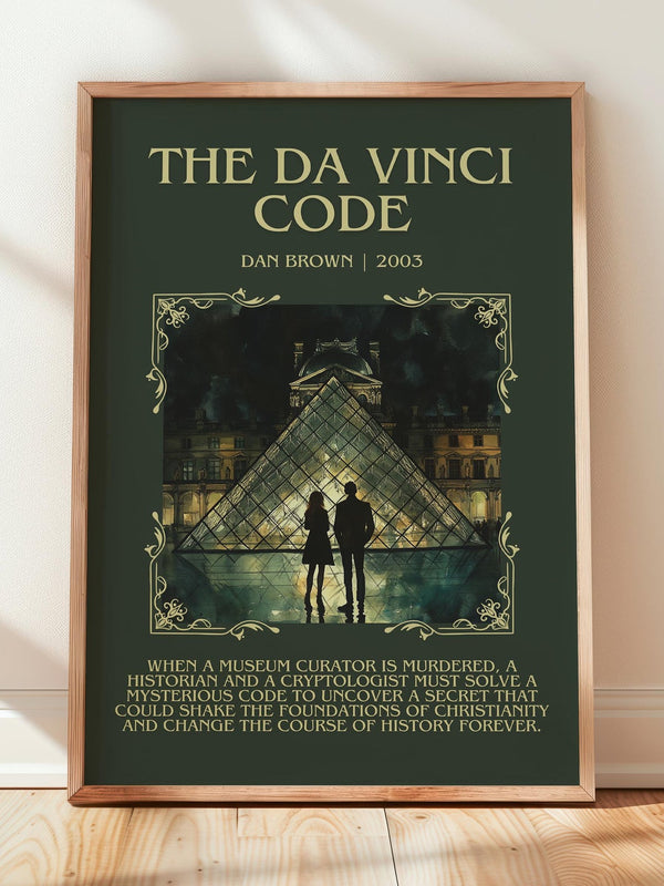 The Da Vinci Code minimalist print in frame leaning in hallway – thriller wall art