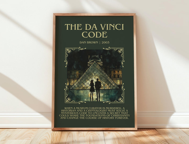 The Da Vinci Code minimalist print in frame leaning in hallway – thriller wall art