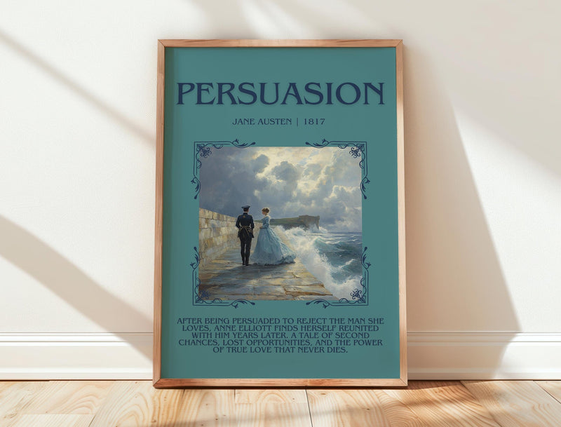 Persuasion minimalist print in frame leaning in hallway – classic literature wall art