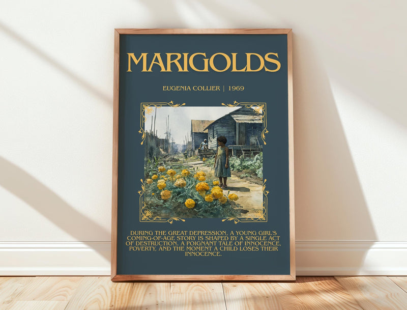 Marigolds minimalist print in frame leaning in hallway – literary fiction wall art