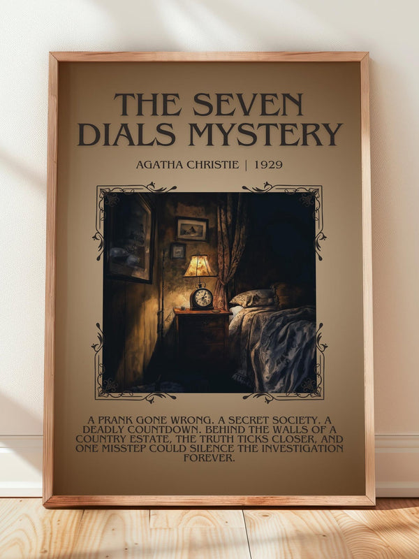 The Seven Dials Mystery minimalist print in frame leaning in hallway – mystery wall art