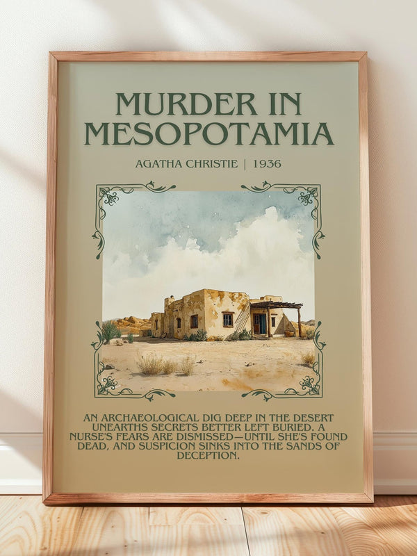 Murder in Mesopotamia minimalist print in frame leaning in hallway – mystery wall art