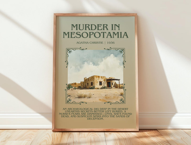 Murder in Mesopotamia minimalist print in frame leaning in hallway – mystery wall art