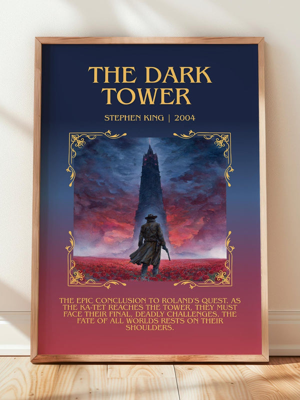 The Dark Tower minimalist print in frame leaning in hallway – fantasy wall art