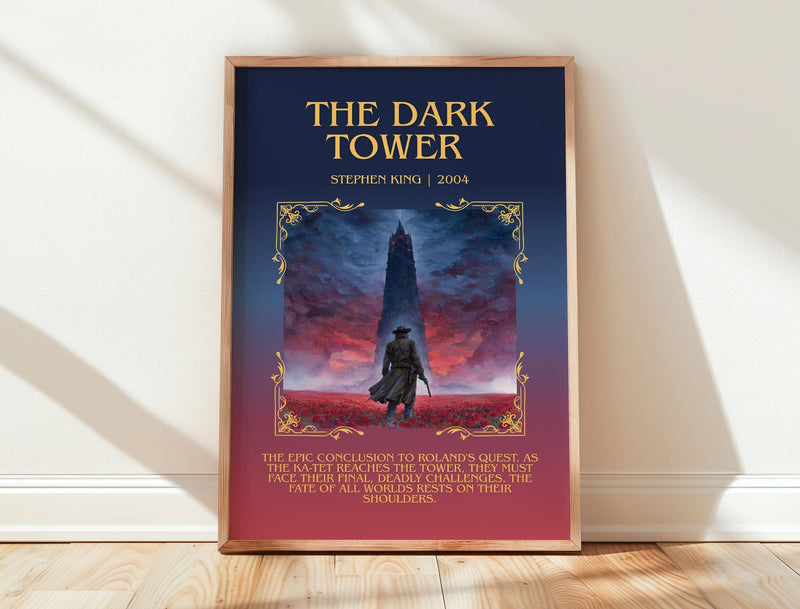 The Dark Tower minimalist print in frame leaning in hallway – fantasy wall art