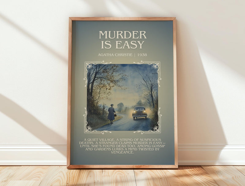 Murder Is Easy minimalist print in frame leaning in hallway – mystery wall art