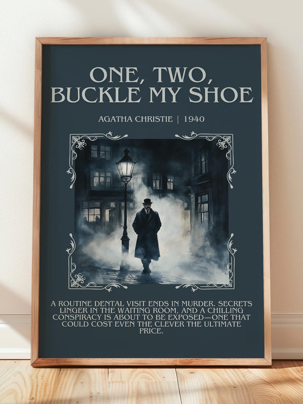 One, Two, Buckle My Shoe minimalist print in frame leaning in hallway – mystery wall art