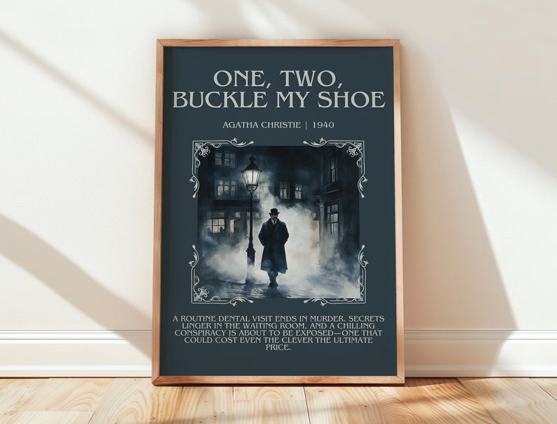One, Two, Buckle My Shoe minimalist print in frame leaning in hallway – mystery wall art