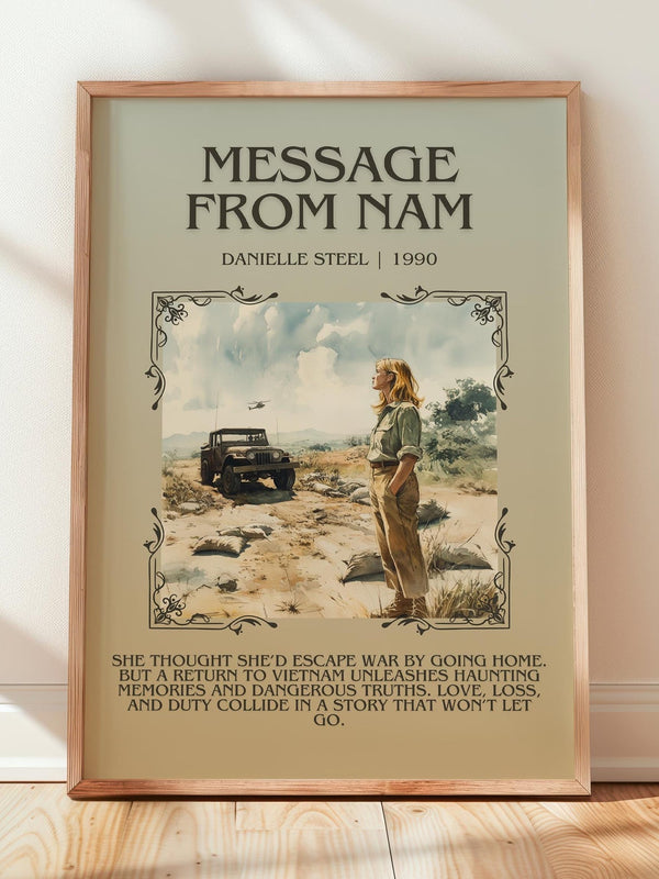 Message from Nam minimalist print in frame leaning in hallway – historical fiction wall art
