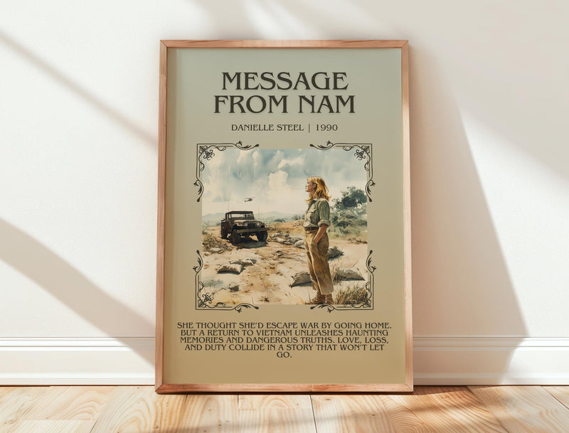 Message from Nam minimalist print in frame leaning in hallway – historical fiction wall art
