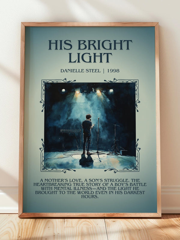 His Bright Light minimalist print in frame leaning in hallway – memoir wall art
