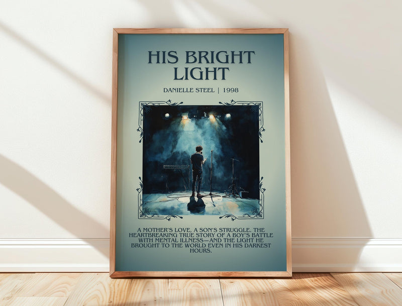 His Bright Light minimalist print in frame leaning in hallway – memoir wall art