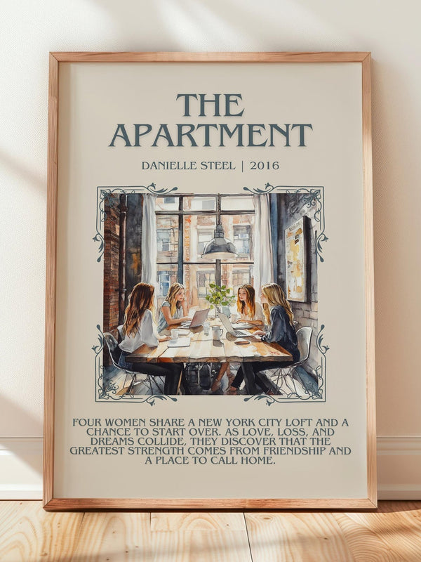 The Apartment minimalist print in frame leaning in hallway – romance wall art